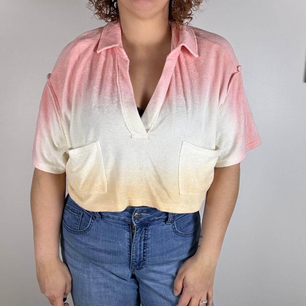 NWT Vintage Havana pink ombre terry cloth cropped short sleeve shirt Medium